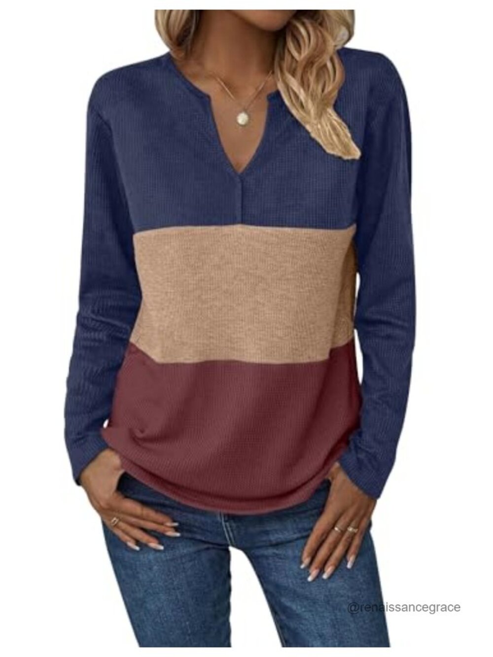 Waffle Knit V Neck Long Sleeve Tunic Top Color Block Pullover